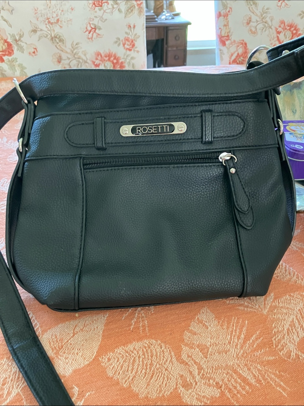 Rosetti Black Pebbled Faux-Leather Crossbody with Front Zip Pocket